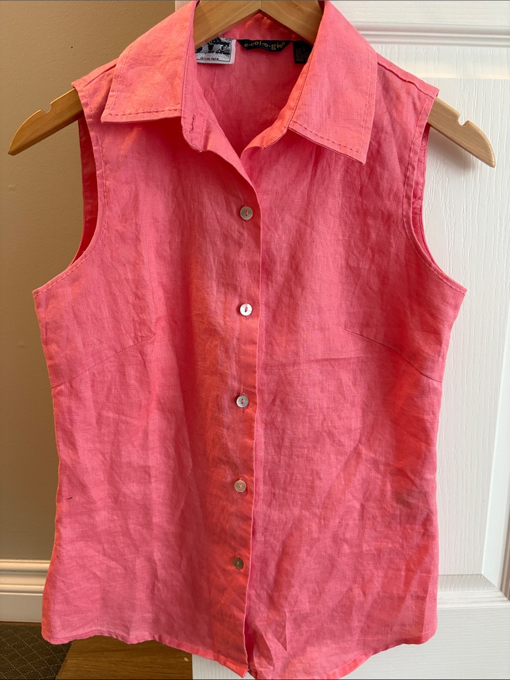 Sleeveless Button-Front Linen Shirt - Coral Pink